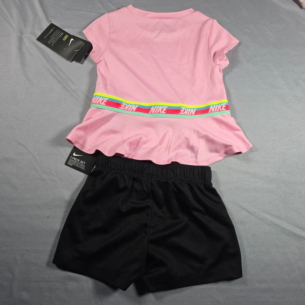 Nike Dri-Fit Little Girl's  2-Piece Graphic Tee & Short Set Pink Black 3T